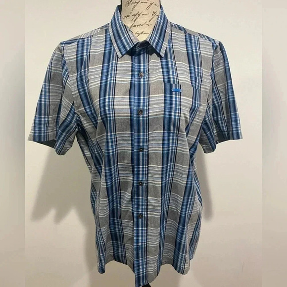 Travis Matthew Mens Blue Gray Plaid Short Sleeve Button Down Golf Shirt Medium - Picture 1 of 8